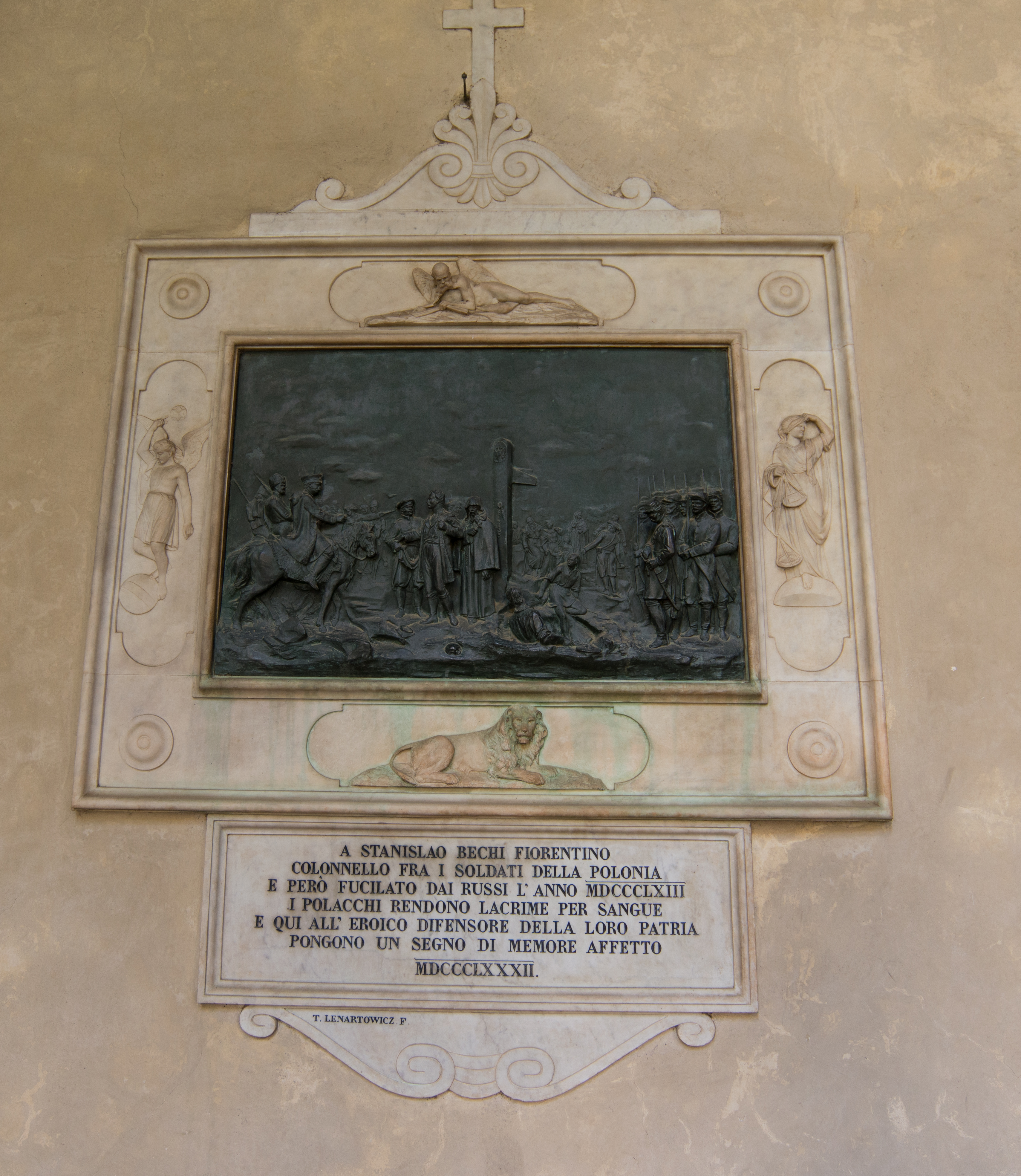 Florencja - płaskorzeźba z tablicą upamiętniającą włoskiego pułkownika Stanislao Becchi w Kościele Santa Croce