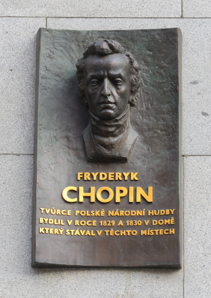 Czechy - Praga - tablica w miejscu, gdzie znajdował się Hotel Černý kůň, w którym przebywał Chopin w 1829 i 1830 roku