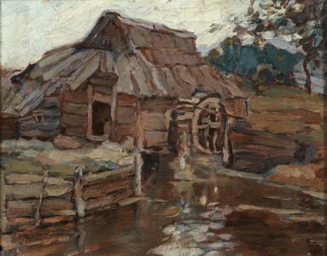 „Stary młyn”, 1906, olej, płótno, 45,8 x75 cm, sygn. p. d.: S. Żukowskij 1906 (cyrylica), Narodowe Muzeum Sztuki w Odessie, nr inw.1146 - Ż, Odessa, Ukraina.