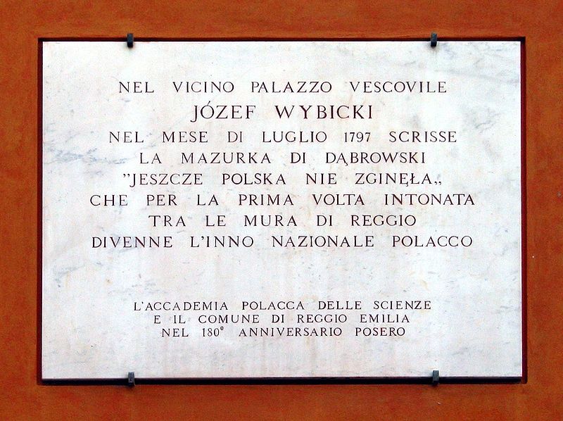 Reggio Emilia - tablica upamiętniająca Józefa Wybickiego i powstanie hymnu polskiego