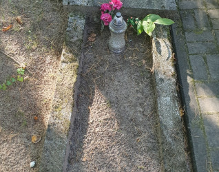 Grób Wacława i Adama Sikorskich na cmentarzu katolickim. Kamienny krzyż stoi na czele, z dwiema tablicami inskrypcyjnymi. Grób otoczony drzewami i opadłymi liśćmi.