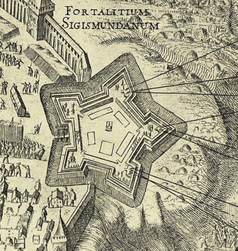 Smolensk Citadel designed by Wilhelm Appelman, 1626-1632, copperplate engraving by Hondius, 1636