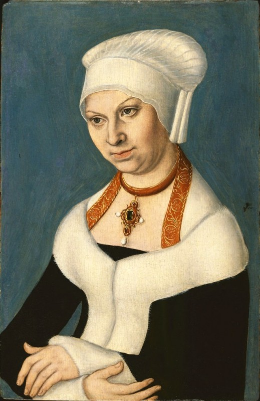 Lucas Cranach starszy (lub jego warsztat), „Portret Barbary księżnej Saksonii”, po 1537, olej na desce, Galeria Malarstwa w Berlinie, Niemcy
