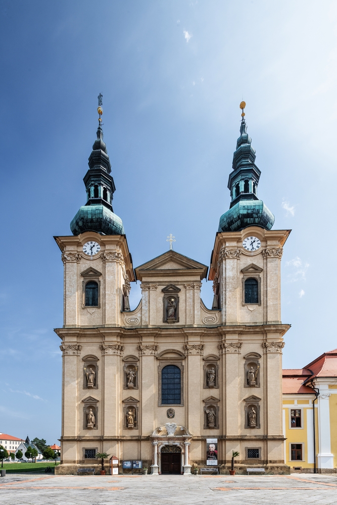 Fotografia przedstawiająca Interior decoration and frescoes with scenes from the life of St. Hedwig of Silesia in the Basilica of the Assumption of the Blessed Virgin Mary and Saints Cyril and Methodius in Velehrad