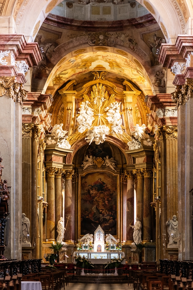 Fotografia przedstawiająca Interior decoration and frescoes with scenes from the life of St. Hedwig of Silesia in the Basilica of the Assumption of the Blessed Virgin Mary and Saints Cyril and Methodius in Velehrad