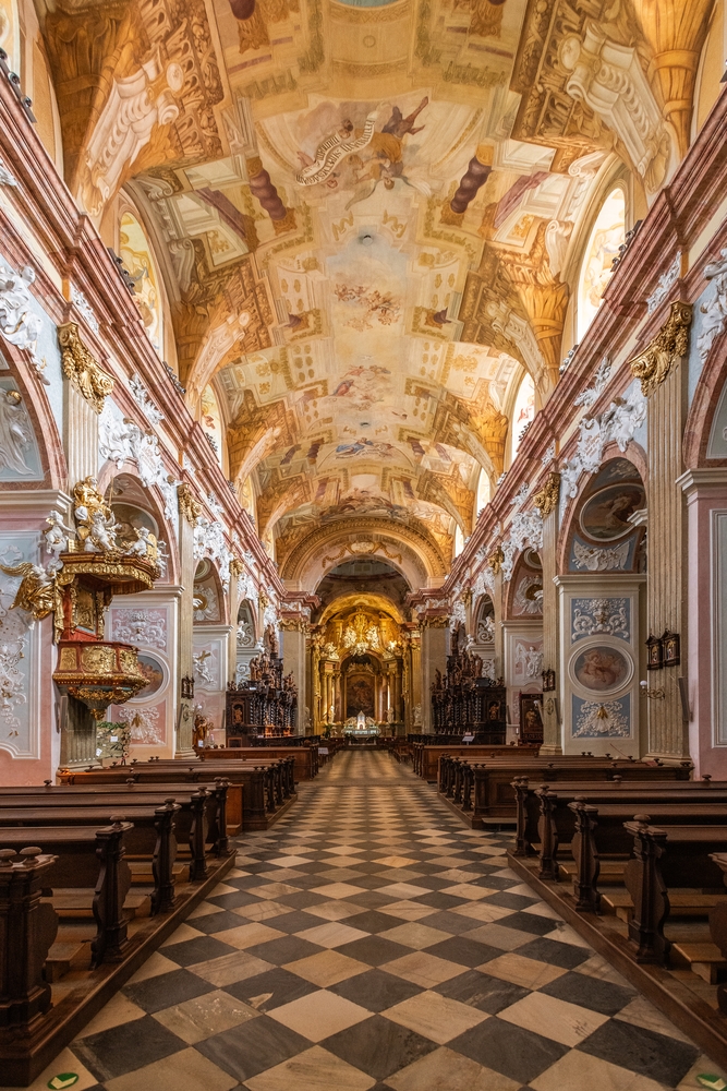 Fotografia przedstawiająca Interior decoration and frescoes with scenes from the life of St. Hedwig of Silesia in the Basilica of the Assumption of the Blessed Virgin Mary and Saints Cyril and Methodius in Velehrad