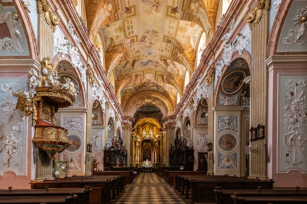 Fotografia przedstawiająca Interior decoration and frescoes with scenes from the life of St. Hedwig of Silesia in the Basilica of the Assumption of the Blessed Virgin Mary and Saints Cyril and Methodius in Velehrad