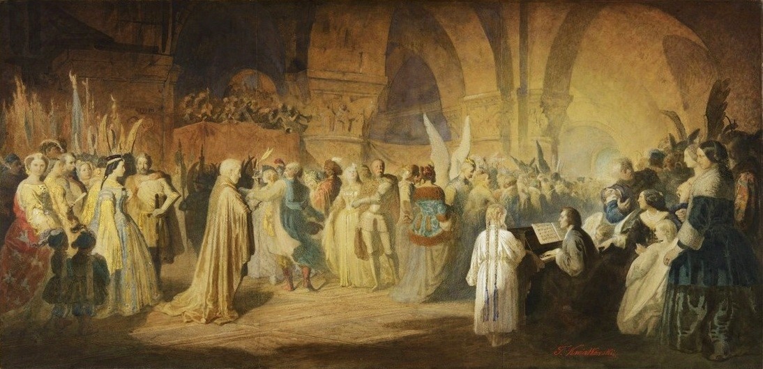 Teofil Kwiatkowski, „Polonez Chopina – Bal w Hotel Lambert w Paryżu”, 1859, akwarela i gwasz na papierze, Muzeum Narodowe w Poznaniu, Polska