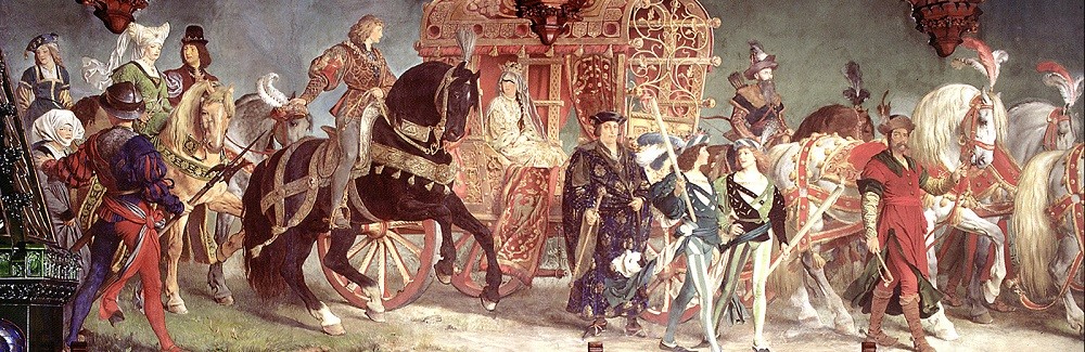 Фреска із зображенням весільної процесії Гедвіги Ягеллонської та Георга Багатого, бл. 1880 р., Август Шпіс, Рудольф Зайц, Людвіг Льоффц, Конрад Вайґанд, Парадна зала ратуші Ландсхута, Німеччина