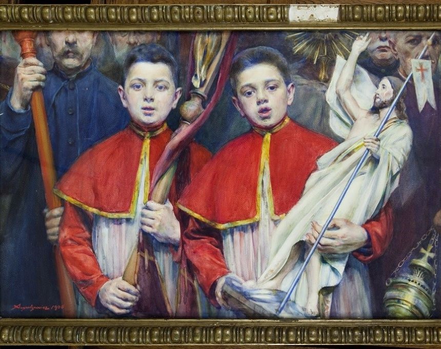 Aquarelle d'Aleksander Augustynowicz intitulée 'Alleluja' représentant une procession de Pâques. Deux enfants de chœur en robes rouges mènent, l'un tenant une croix avec une étole rouge, l'autre une figure du Christ ressuscité. Participants et prêtre avec une monstrance suivent.