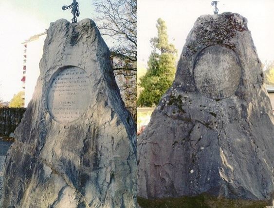 Tombstone of Josef Hauke-Bosak, 1871, cemetery in Carouge, Switzerland, before and after restoration