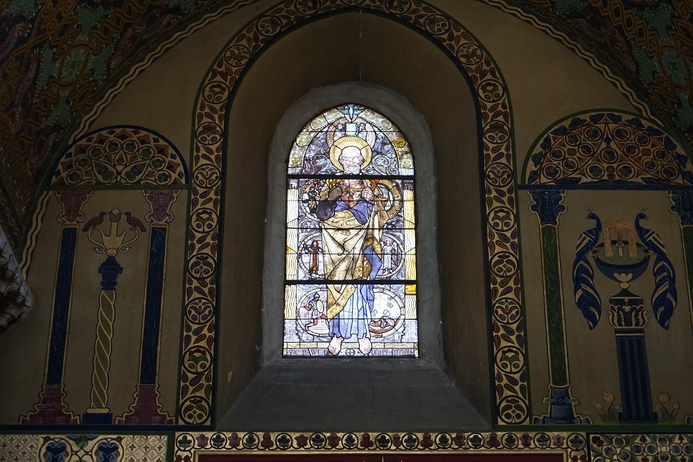 Saint Paul", stained glass window designed by Jan Henryk Rosen, made by Pracownia Stainedraży Artystycznych Białkowski i sk-a, 1928, Armenian Cathedral in Lviv, Ukraine