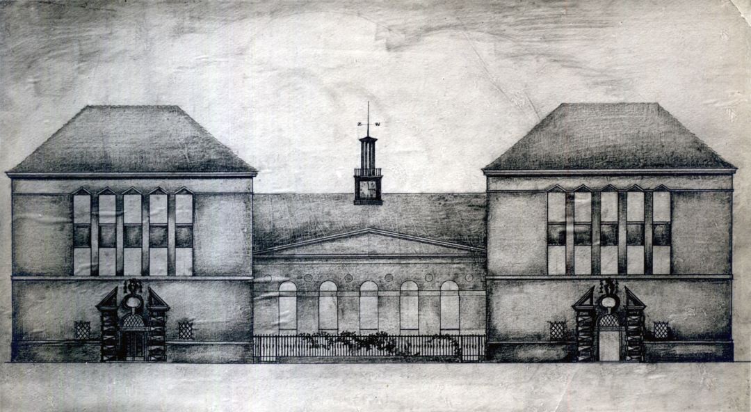 Stanisław Narębski, design of school in Antokol - view of façade, drawing