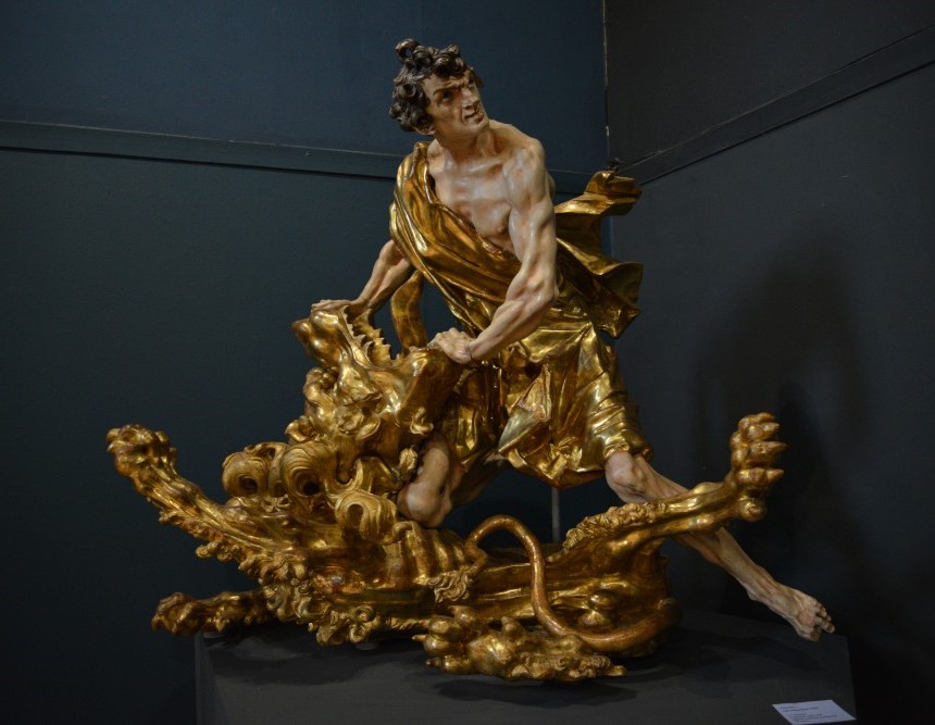 Samson fighting a lion - sculpture by Jan Jerzy Pinsel