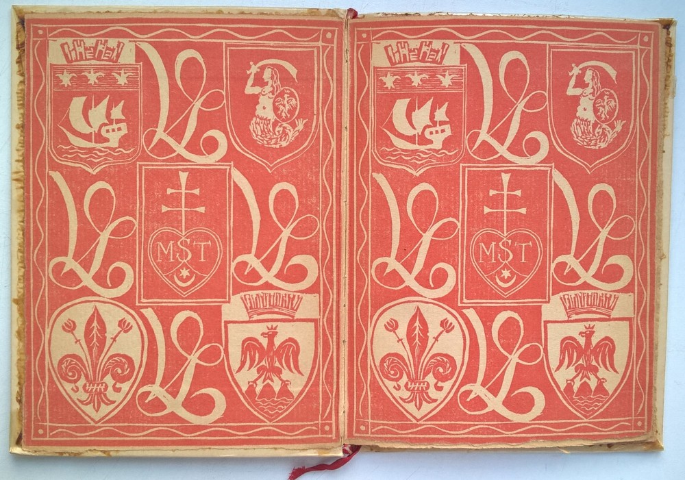 Coats of arms of Paris, Warsaw, Florence and ...? and the symbol of Stamperia Polacca with the coat of arms of the Leliwa Tyszkiewicz family on a graphic in front of the title page of the book "Barbican of Warsaw" by Kazimierz Wierzyński, 1940.