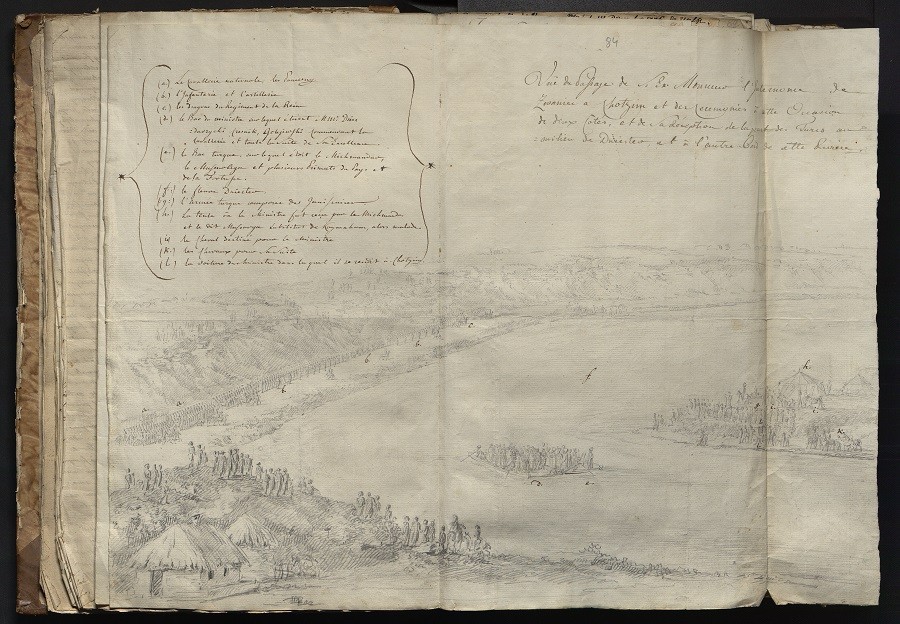 Johann Christian Kamsetzer, The crossing of the Polish envoy of Karol Lasopolski from Zhvaniac to Chocim in 1776, AGAD, Popiel Collection, no. 236, k. 84. The ceremonial crossing of the Dniester was a regular feature of the Commonwealth's envoys to Turkey. The envoys were escorted to the border by detachments of the crown army of the Commonwealth in parade formation and by numerous noblemen, who often joined the procession as it marched towards the border. Kamsetzer illustrated the moment when the Polish raft joins the Turkish raft in the middle of the river and the Polish MP is handed over to the Turkish.Previous image. Please note, there will be a change in the displayed photograph