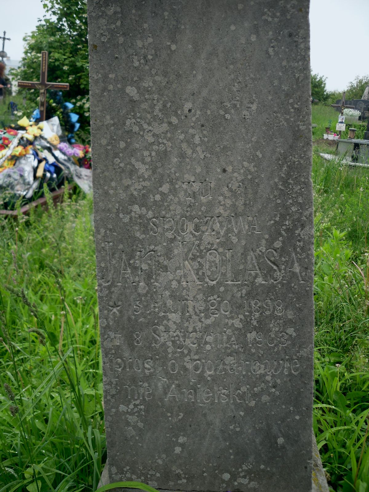 Inskrypcja z nagrobka Jana Kolasy, cmentarz w Hłuboczku Wielkim