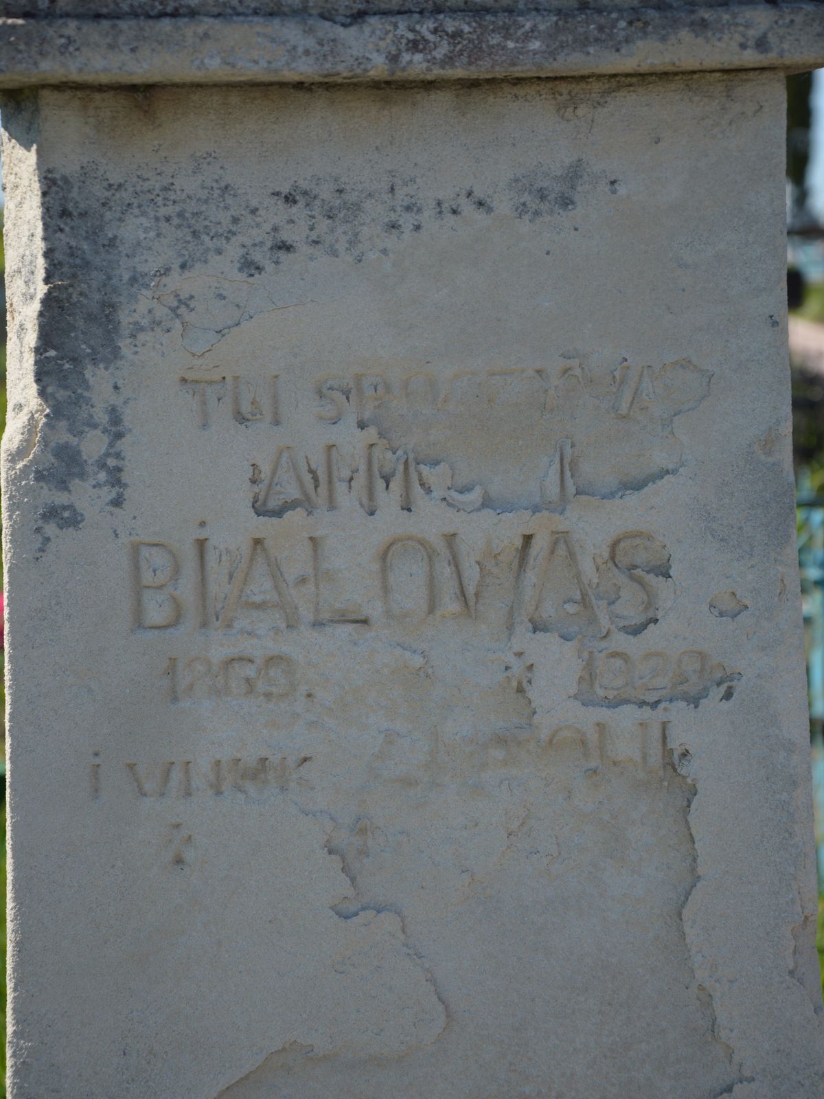 Inscription from the gravestone of A. Bialowas, cemetery in Ihrowica