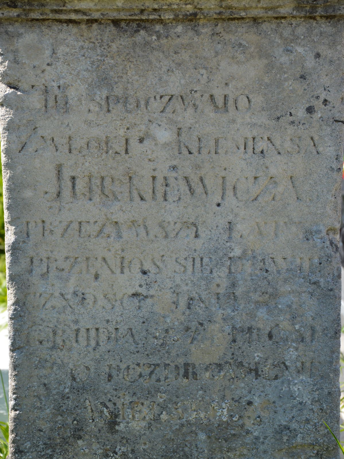 Inskrypcja z nagrobka Klemensa Jurkiewicza, cmentarz w Ihrowicy