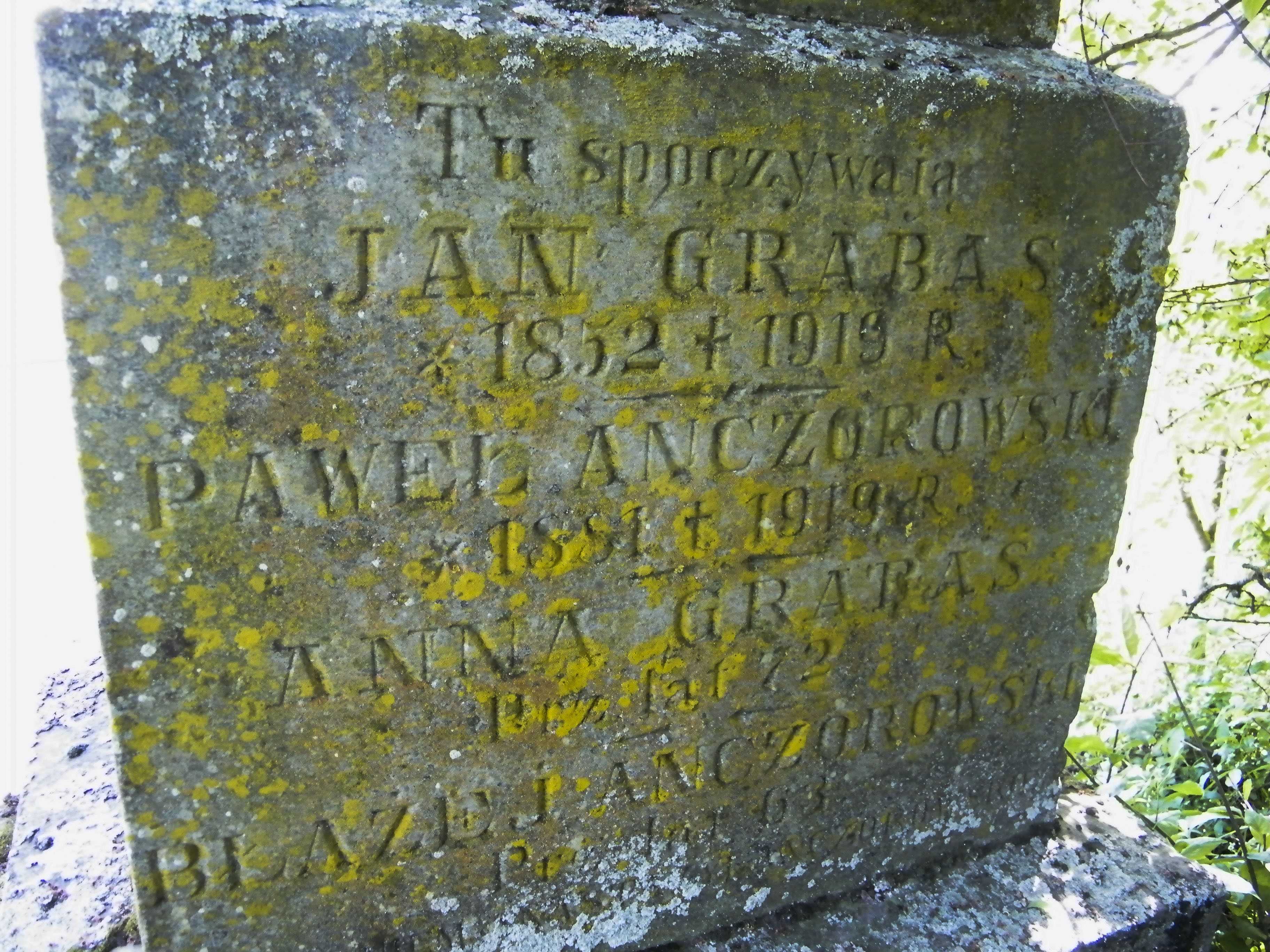 Inscription from the gravestone of Błażej Anczorowski, Paweł Anczorowski, Anna Grabas and Jan Grabas, Łozowa Cemetery