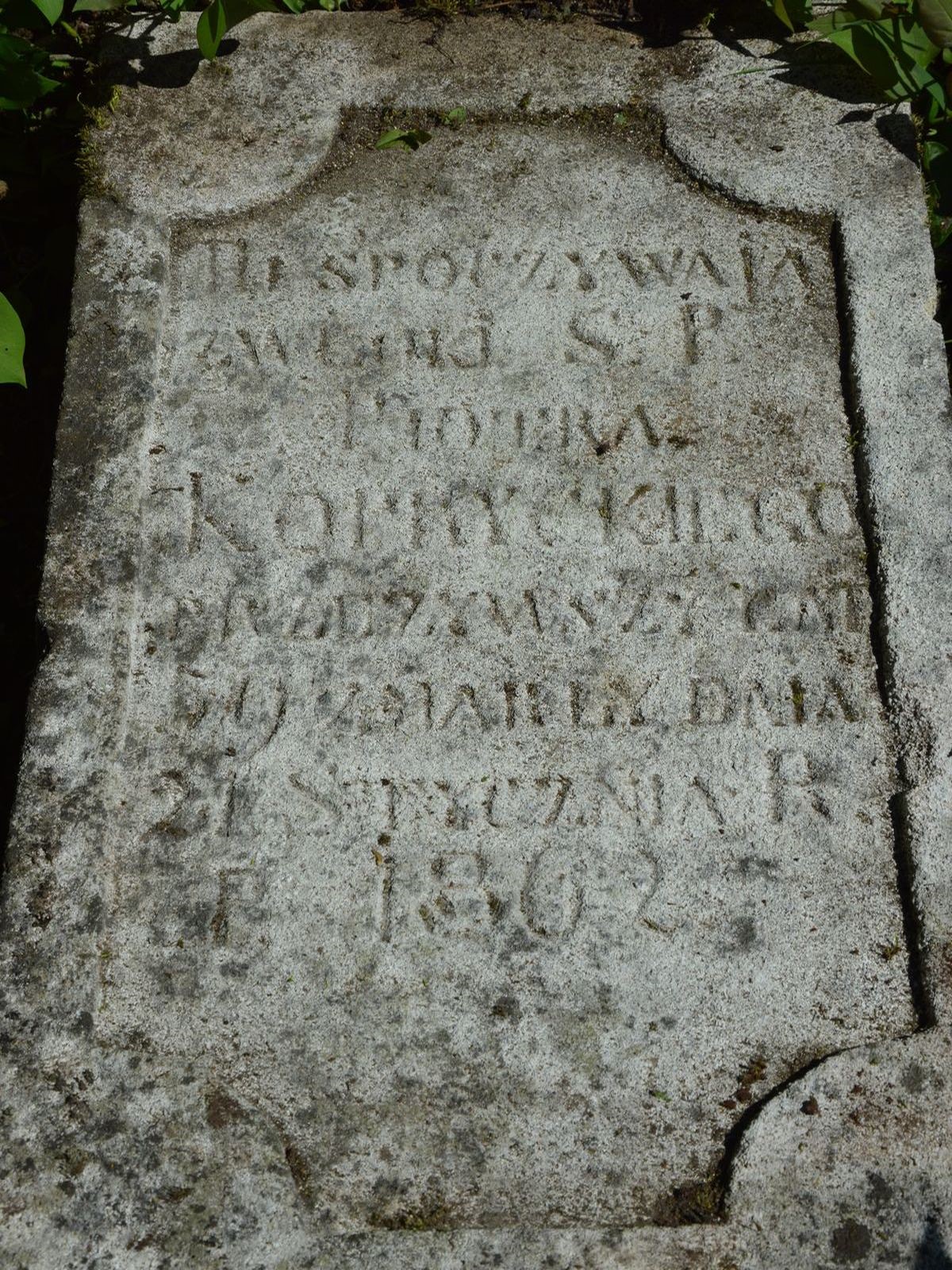 Inskrypcja z nagrobka Piotra Kopkyckiego, cmentarz w Łozowej