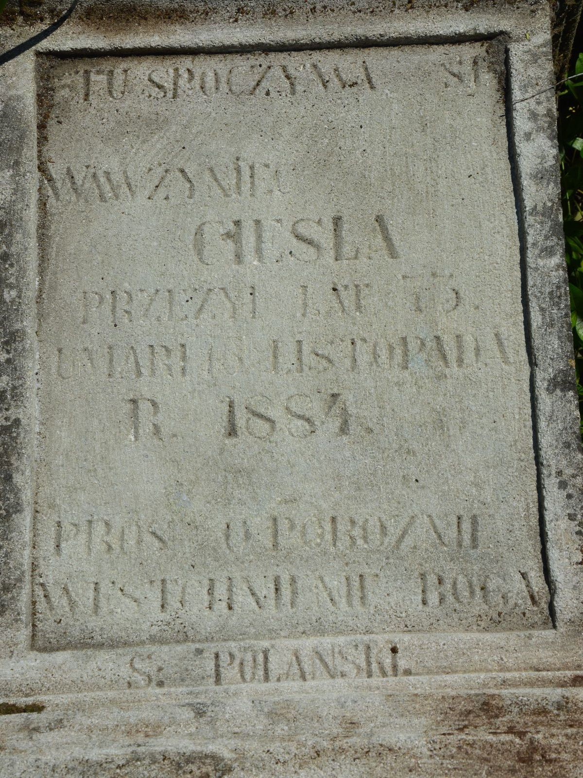 Inskrypcja z nagrobka Wawrzyńca Cieśli, cmentarz w Łozowej