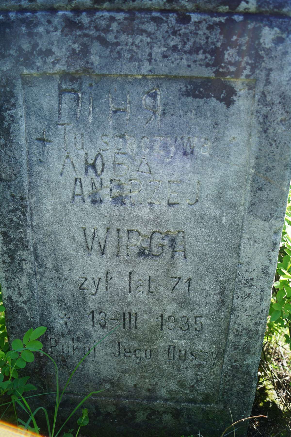Inscription from the gravestone of Andrzej Wirga, Łozowa cemetery