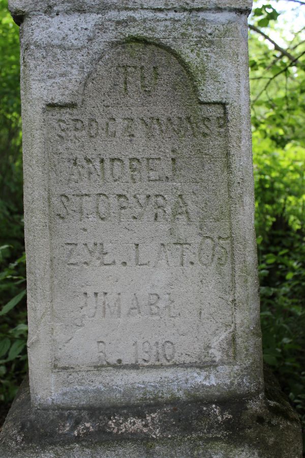 Inscription from the gravestone of Andrej Stopyra. Cemetery in Kokutkovce