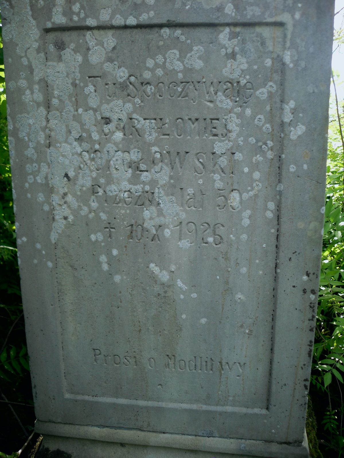 Inscription from the gravestone of Bartłomiej Sokołowski, Kozłowo cemetery