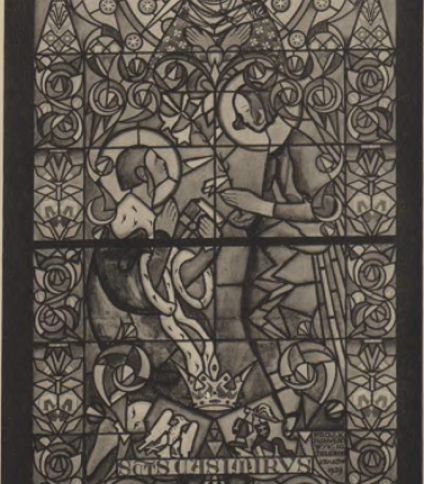 Projekt witrażu Kazimierza Sichulskiego przedstawiający św. Kazimierza, przeznaczony do kościoła w Tarnopolu. Dzieło w temperze ukazuje skomplikowane wzory i postacie religijne.