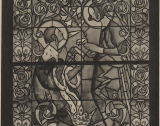 Projekt witrażu Kazimierza Sichulskiego przedstawiający św. Kazimierza, przeznaczony do kościoła w Tarnopolu. Dzieło w temperze ukazuje skomplikowane wzory i postacie religijne.