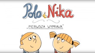 Ilustracja przedstawiająca Polo i Nikę, dwie animowane postacie, patrzące w górę. Tytuł 'Polo i Nika' jest napisany nad nimi kolorowymi literami, z podtytułem 'Pierwsza Wyprawa' poniżej.