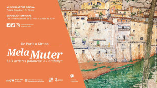 Plakat wystawy 'Z Paryża do Girony. Mela Muter i polscy artyści w Katalonii' w Museu d'Art de Girona, z obrazem budynków Girony.