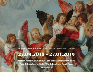 Plakat wystawy 'Mistrz i Katarzyna. Hans von Kulmbach i jego dzieła dla Krakowa' w Muzeum Narodowym w Krakowie, przedstawiający anioły z kolorowymi skrzydłami i szczegóły wystawy.