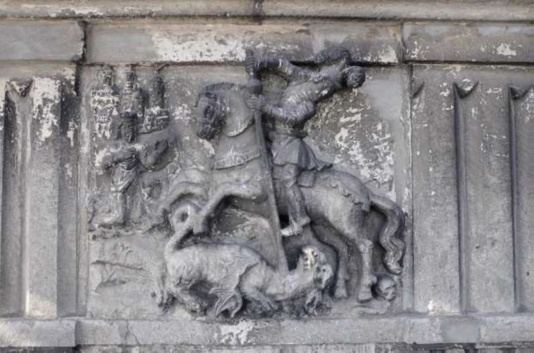 Frieze from the collegiate church of St. Lawrence in Zhovkva, before restoration work