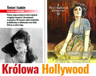 Kolaż z czarno-białym zdjęciem kobiety z krótkimi włosami i ręką na podbródku oraz kolorowym plakatem tej samej kobiety w sukni z napisem 'A First National Attraction'. Tytuł 'Królowa Hollywood' w czerwieni i pomarańczy.