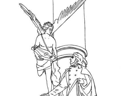 Rysunek konturowy skrzydlatej postaci z lirą, stojącej obok mężczyzny w płaszczu z guzikami, przed kolumną.