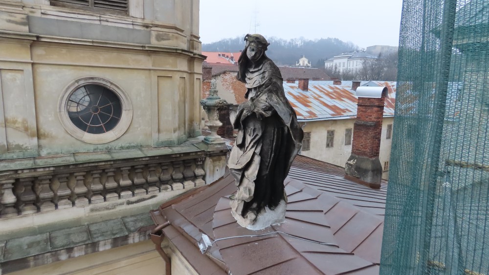 Statue on the porch of the front façade of the Corpus Christi Church (Dominican) in Lviv