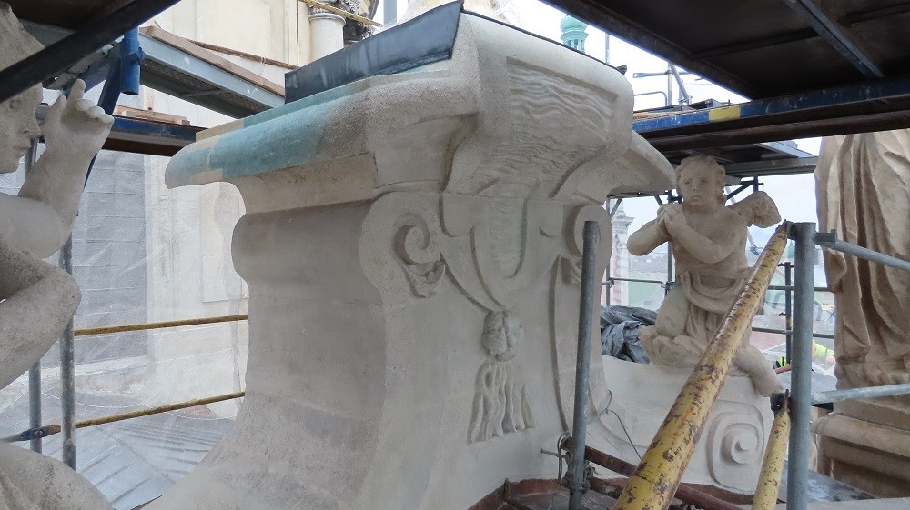 Statue from the façade of the Corpus Christi Church (Dominican) in Lviv, under restoration