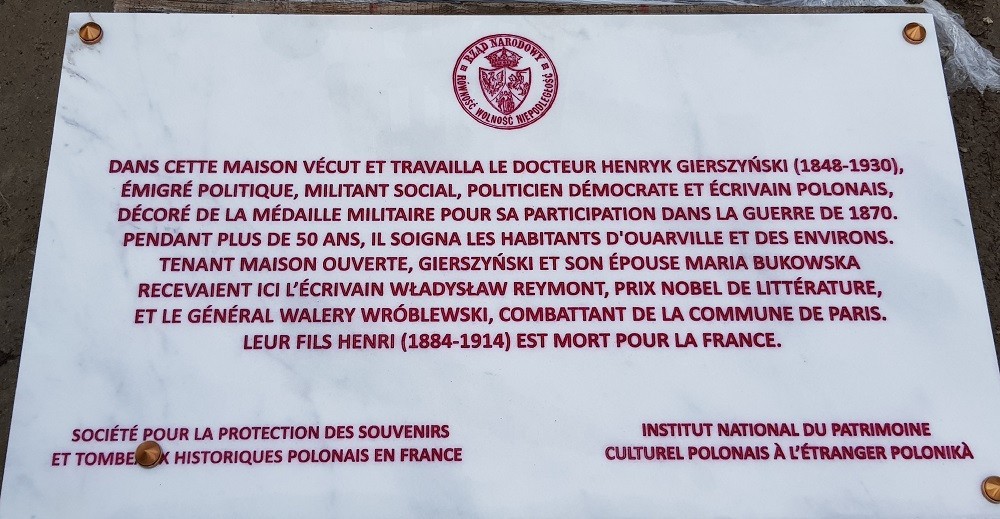 Memorial plaque dedicated to Henryk Gierszynski, Ouarville 2020