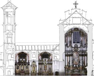 Rysunek architektoniczny kościoła pw. św. Ducha przedstawiający przekrój z detalami barokowych ołtarzy i elementów konstrukcyjnych.