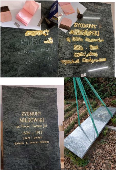 Płyta nagrobna Zygmunta Miłkowskiego na cmentarzu Boix-de Vaux w Lozannie (Szwajcaria), w trakcie prac konserwatorskich