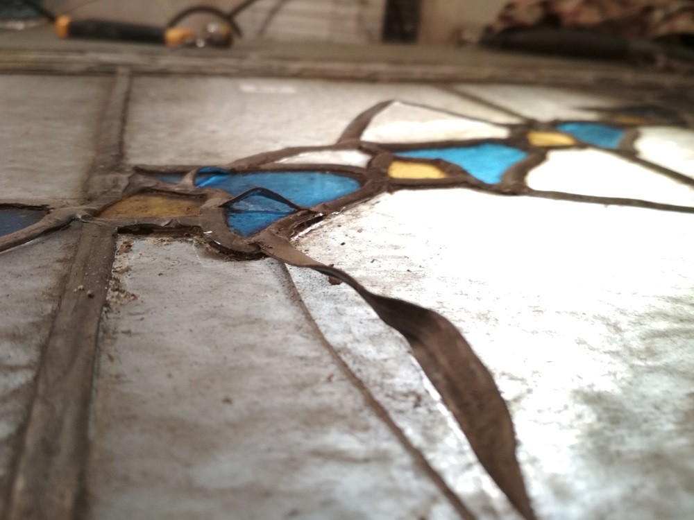 Fragment of a stained-glass window from the former Hotel Krakovsky in Lviv, under restoration