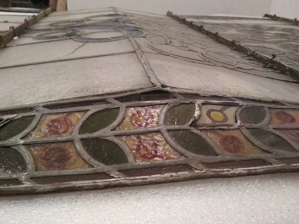 Fragment of a stained-glass window from the former Hotel Krakovsky in Lviv, under restoration