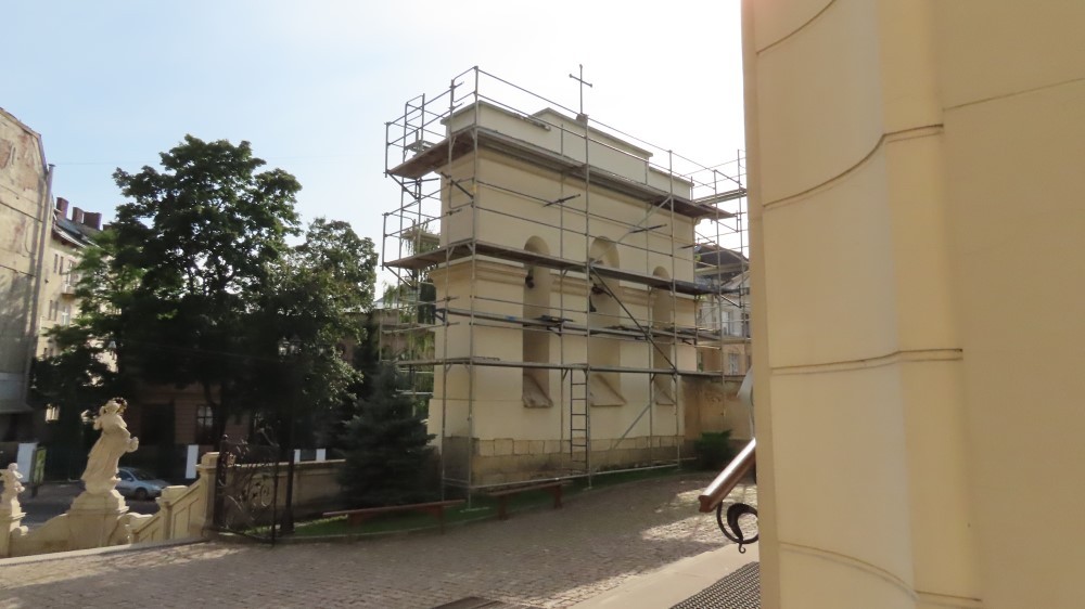 Bell tower of St. Anthony Church in Lviv, restoration work