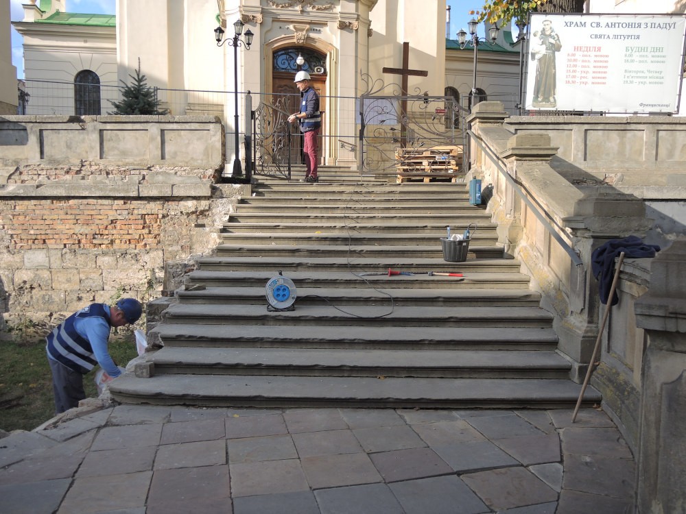 Stairs of St. Anthony's Church in Lviv, restoration work