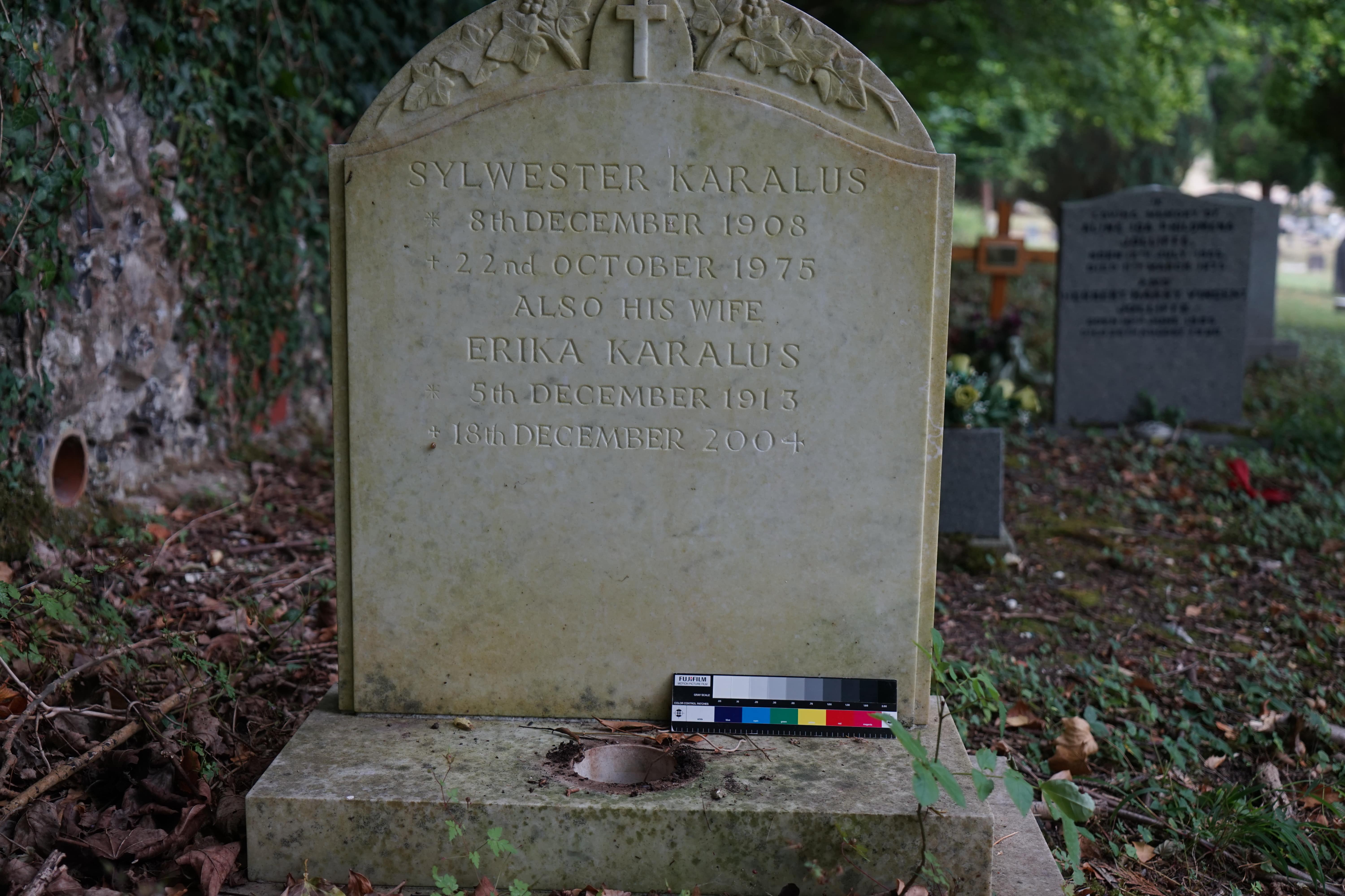 Fragment of tombstone of Sylvester and Erika Karalus, Fairmile Cemetery, Henley-on-Thames