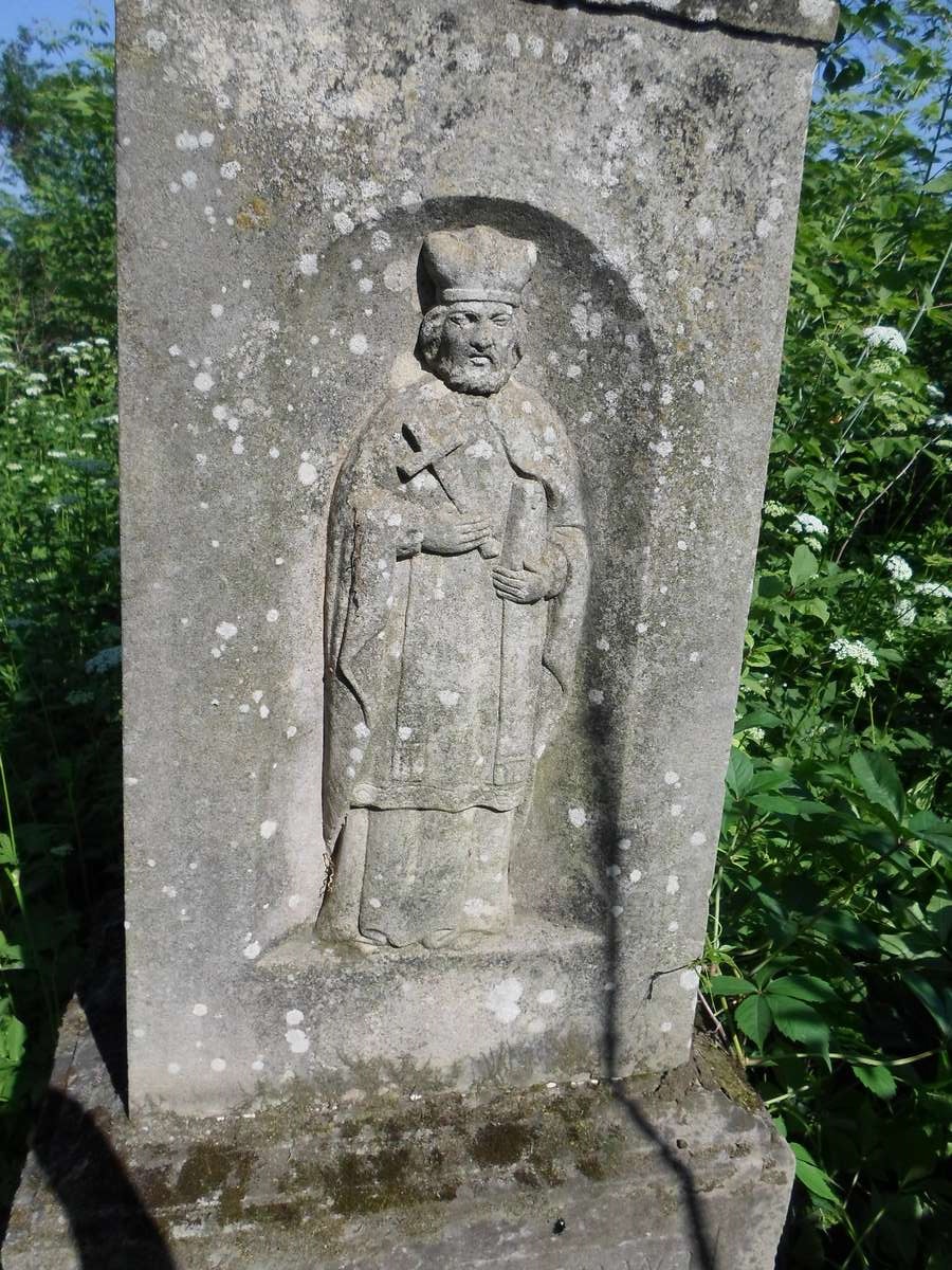 Carved effigy of St. John of Nepomuk from the tombstone of Jan Velkryśkiv, Kozówka cemetery