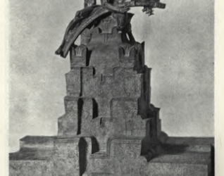 Projekt rzeźby pomnika Adama Mickiewicza w Wilnie, złożona, piętrowa podstawa z dynamiczną figurą na szczycie, nagrodzony pierwszym miejscem.