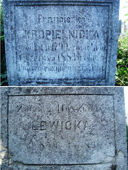 Inscriptions from the gravestone of Franciszka Kropielnicka and Zofia Lewicka, Chorostkovo cemetery, sector 5